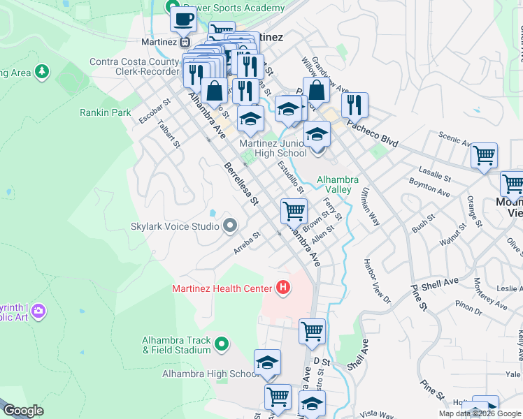 map of restaurants, bars, coffee shops, grocery stores, and more near Berrellesa St & Warren St in Martinez