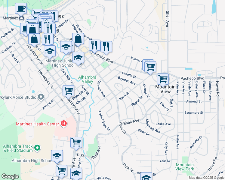 map of restaurants, bars, coffee shops, grocery stores, and more near 1981 Pine Street in Martinez