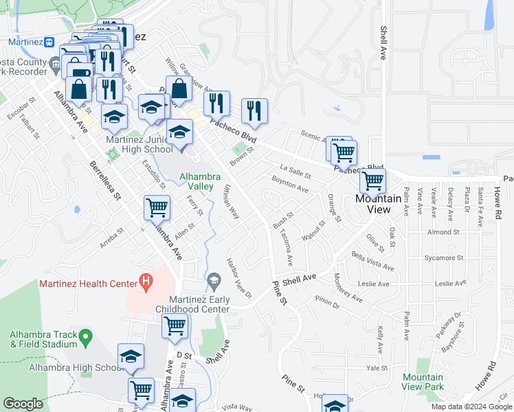 map of restaurants, bars, coffee shops, grocery stores, and more near 1981 Pine Street in Martinez