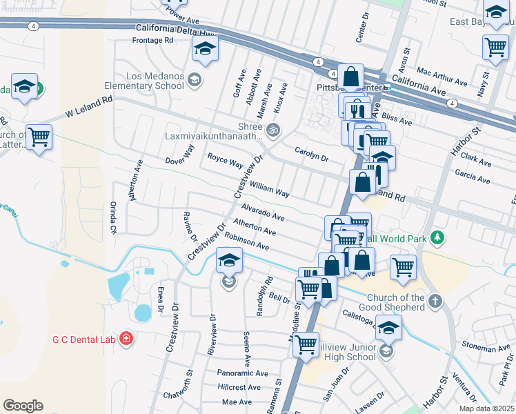 map of restaurants, bars, coffee shops, grocery stores, and more near 132 Alvarado Avenue in Pittsburg