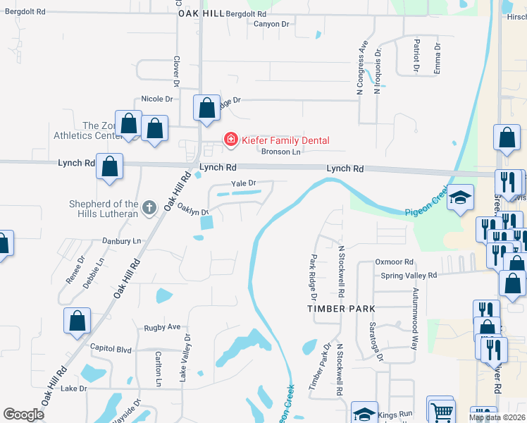 map of restaurants, bars, coffee shops, grocery stores, and more near 3328 Oaklyn Drive in Evansville
