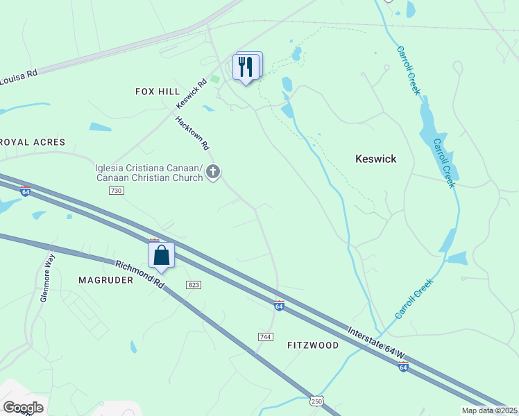 map of restaurants, bars, coffee shops, grocery stores, and more near 945 Hacktown Road in Keswick