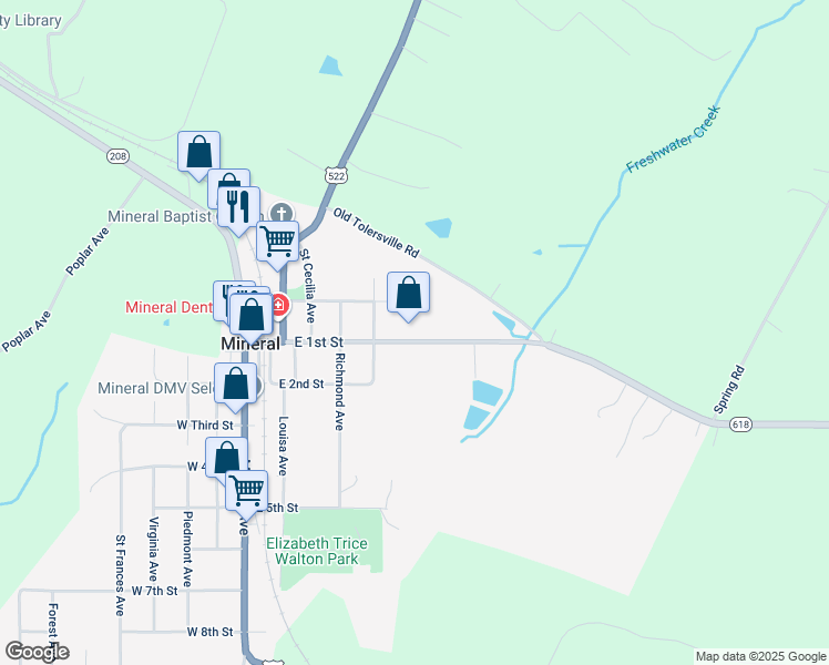 map of restaurants, bars, coffee shops, grocery stores, and more near 602 East 1st Street in Mineral