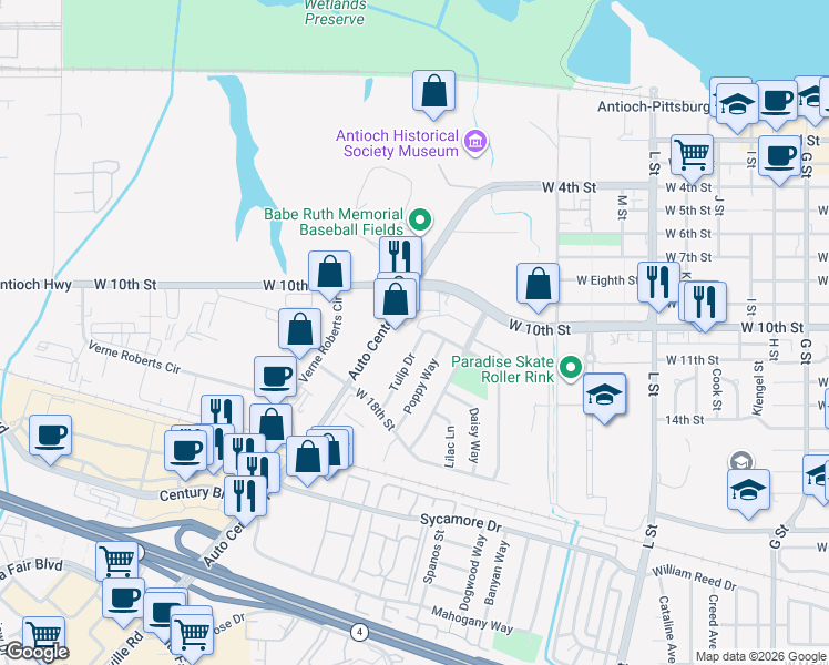 map of restaurants, bars, coffee shops, grocery stores, and more near 1204 Tulip Drive in Antioch