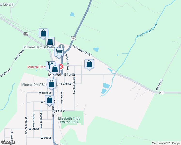 map of restaurants, bars, coffee shops, grocery stores, and more near 602 East 1st Street in Mineral