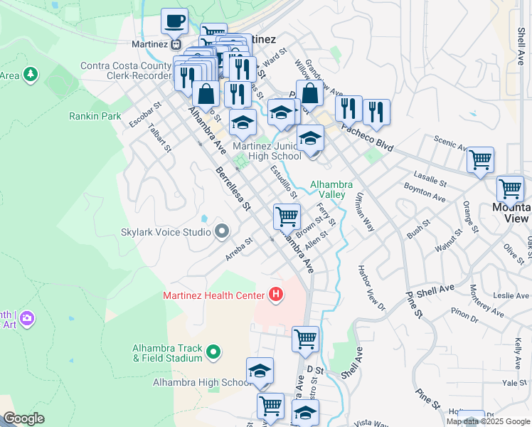 map of restaurants, bars, coffee shops, grocery stores, and more near 1607 Alhambra Avenue in Martinez