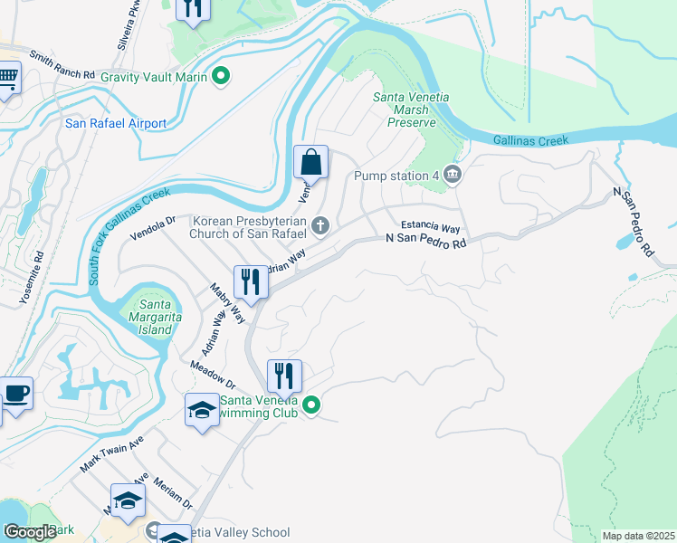 map of restaurants, bars, coffee shops, grocery stores, and more near 24 Adrian Terrace in San Rafael