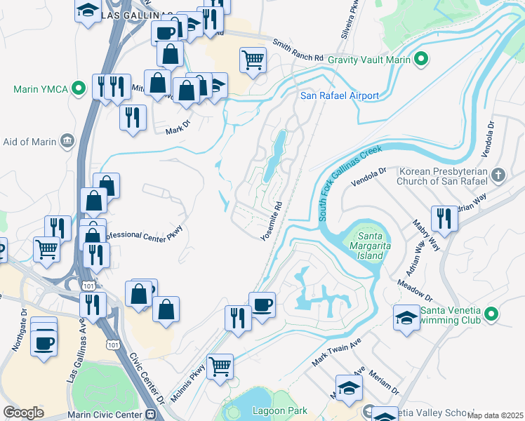map of restaurants, bars, coffee shops, grocery stores, and more near 328 Acadia Lane in San Rafael