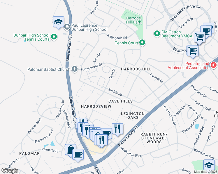 map of restaurants, bars, coffee shops, grocery stores, and more near 3454 Lyon Drive in Lexington