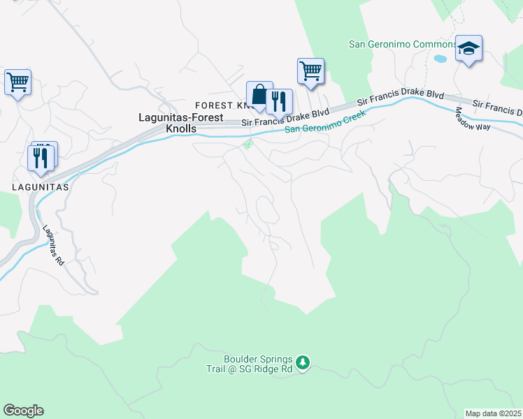 map of restaurants, bars, coffee shops, grocery stores, and more near 105 Rosario Road in Lagunitas-Forest Knolls