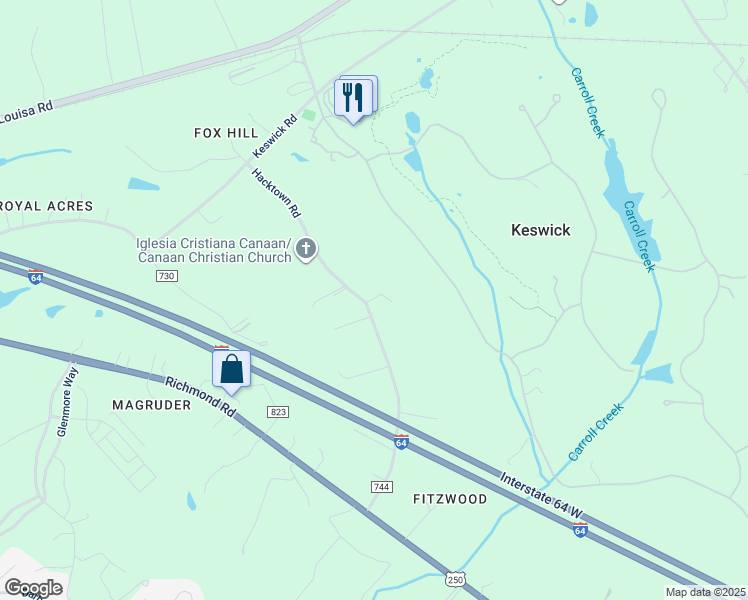 map of restaurants, bars, coffee shops, grocery stores, and more near 945 Hacktown Road in Keswick