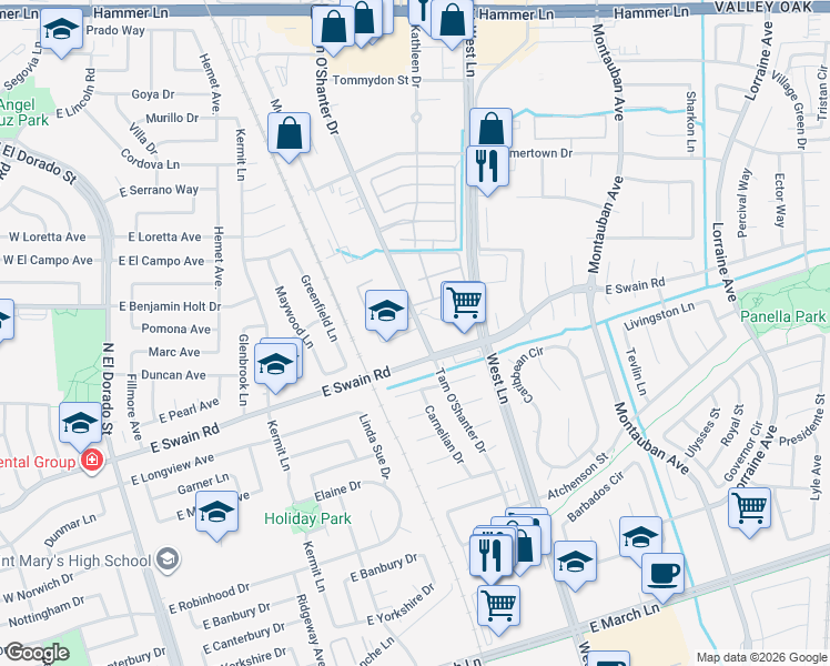map of restaurants, bars, coffee shops, grocery stores, and more near 6119 Danny Drive in Stockton