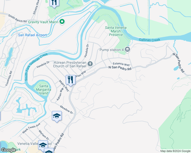 map of restaurants, bars, coffee shops, grocery stores, and more near 24 Adrian Terrace in San Rafael