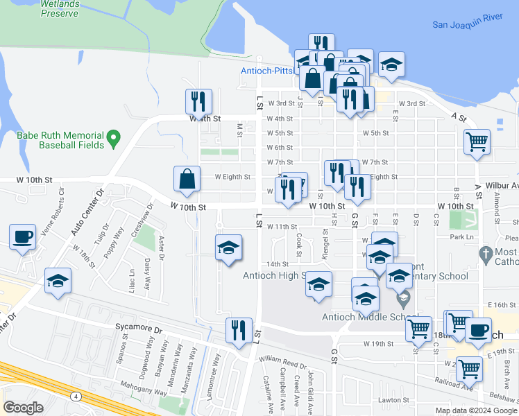 map of restaurants, bars, coffee shops, grocery stores, and more near L Street in Antioch