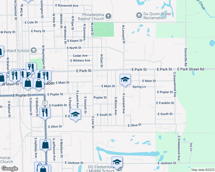 map of restaurants, bars, coffee shops, grocery stores, and more near 644 East Main Street in Du Quoin