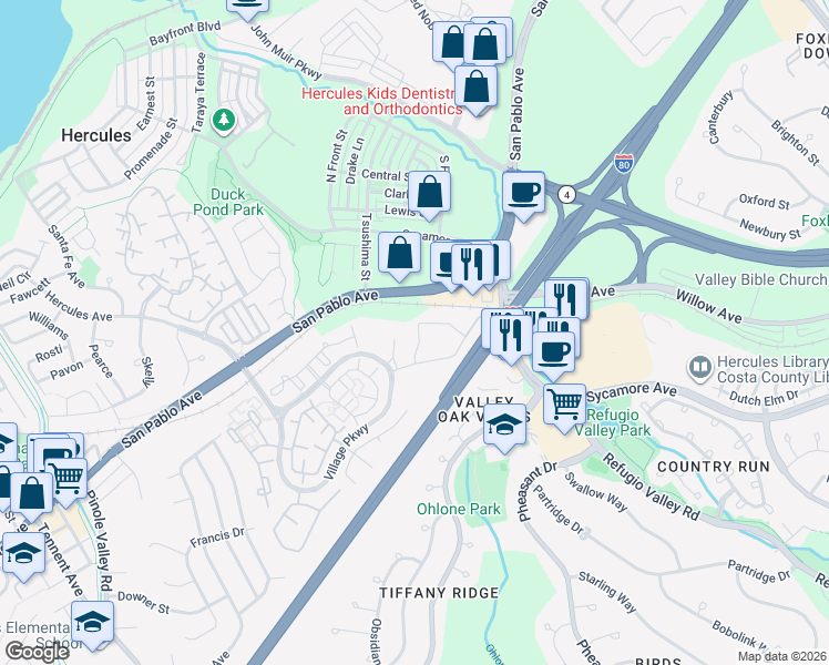 map of restaurants, bars, coffee shops, grocery stores, and more near 1101 Forest Run in Hercules