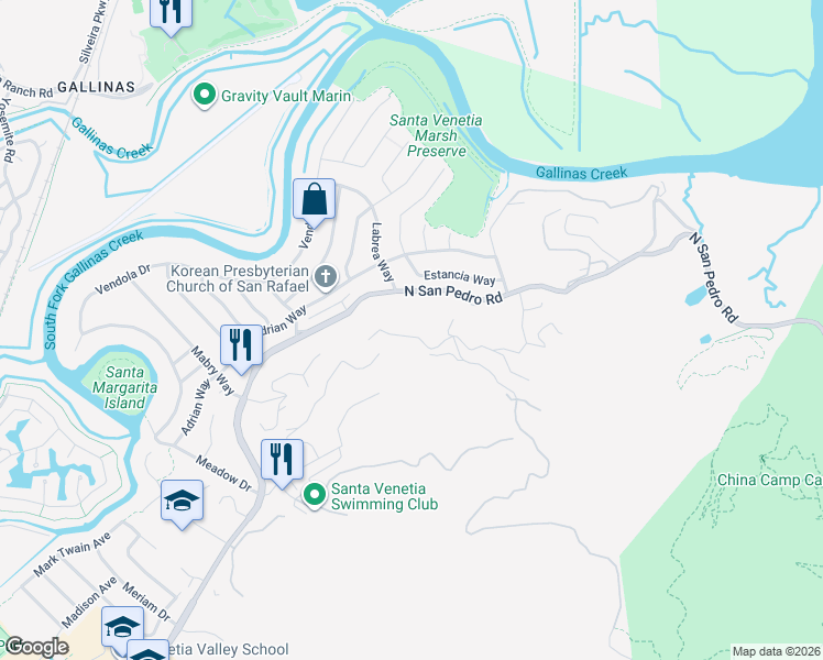 map of restaurants, bars, coffee shops, grocery stores, and more near 90 Sunny Oaks Drive in San Rafael