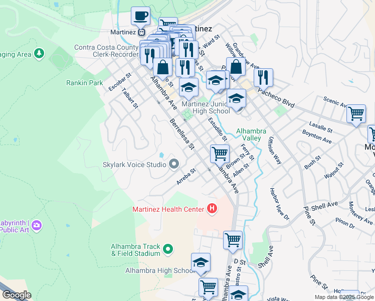 map of restaurants, bars, coffee shops, grocery stores, and more near 1503 Berrellesa Street in Martinez
