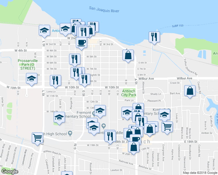 map of restaurants, bars, coffee shops, grocery stores, and more near West 10th Street & D Street in Antioch