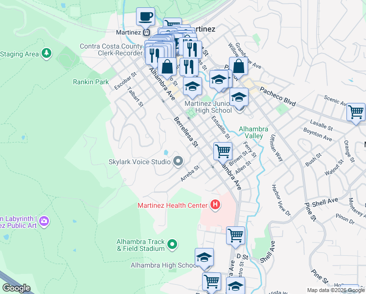 map of restaurants, bars, coffee shops, grocery stores, and more near 1434 Richardson Street in Martinez
