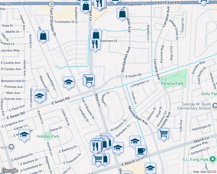 map of restaurants, bars, coffee shops, grocery stores, and more near 5940 Arabian Place in Stockton