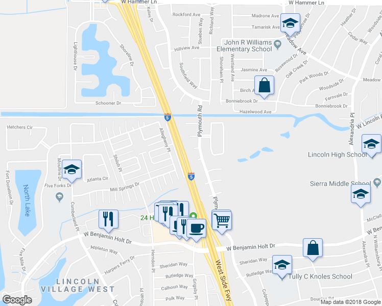 map of restaurants, bars, coffee shops, grocery stores, and more near 2928 Whittier Court in Stockton