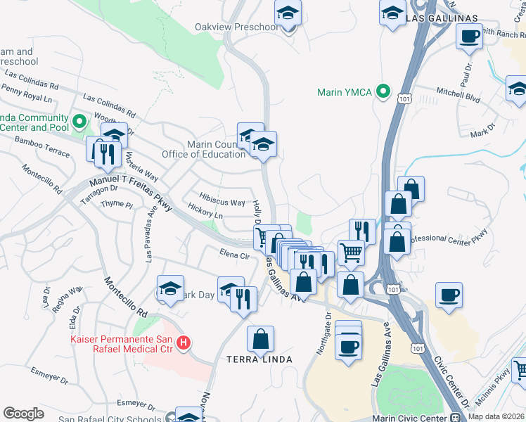 map of restaurants, bars, coffee shops, grocery stores, and more near 341 Holly Drive in San Rafael