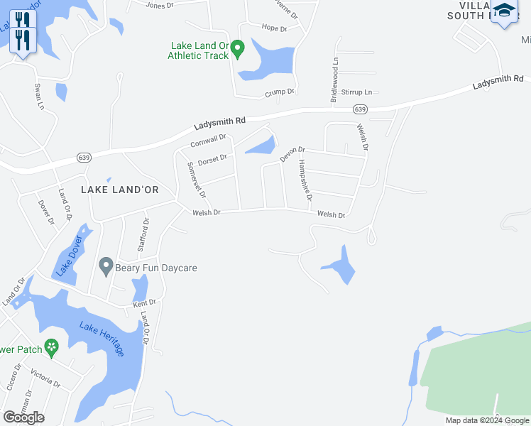 map of restaurants, bars, coffee shops, grocery stores, and more near 635 Welsh Drive in Ruther Glen