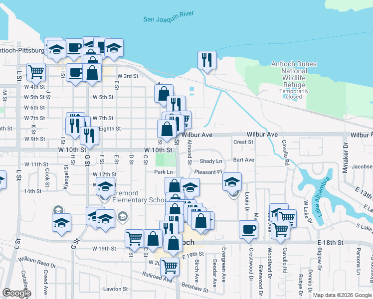 map of restaurants, bars, coffee shops, grocery stores, and more near 9 Beede Way in Antioch