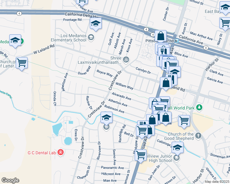 map of restaurants, bars, coffee shops, grocery stores, and more near 132 Alvarado Avenue in Pittsburg
