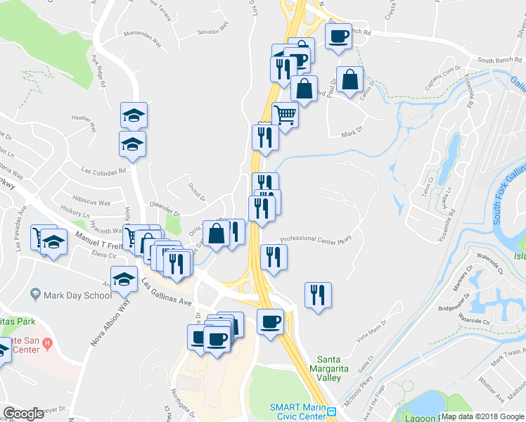 map of restaurants, bars, coffee shops, grocery stores, and more near 4189 Redwood Highway in San Rafael