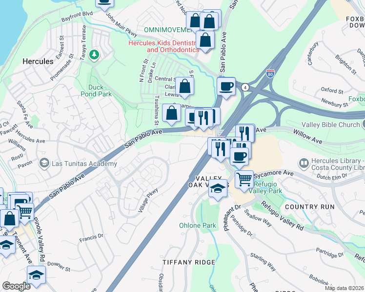 map of restaurants, bars, coffee shops, grocery stores, and more near 1101 Forest Run in Hercules