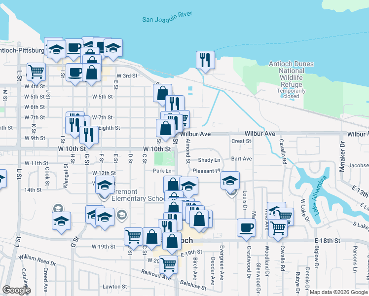 map of restaurants, bars, coffee shops, grocery stores, and more near 9 Beede Way in Antioch
