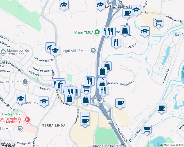map of restaurants, bars, coffee shops, grocery stores, and more near 1052 Los Gamos Road in San Rafael