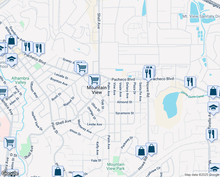 map of restaurants, bars, coffee shops, grocery stores, and more near 1328 Palm Avenue in Martinez