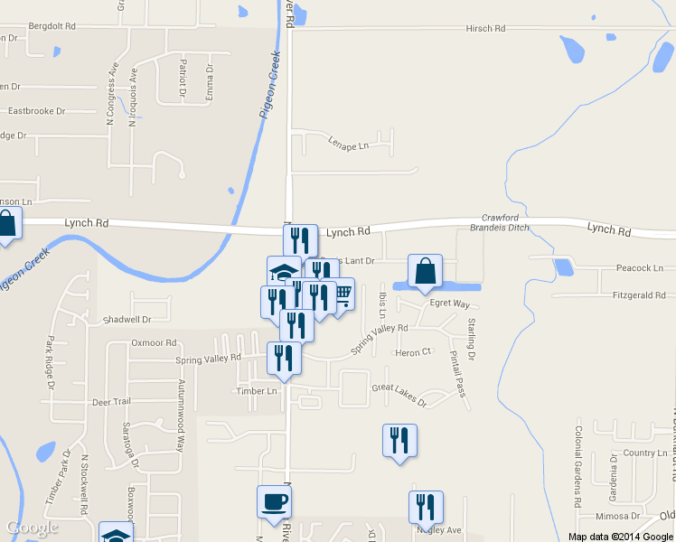 map of restaurants, bars, coffee shops, grocery stores, and more near 5001 Davis Lant Dr in Evansville