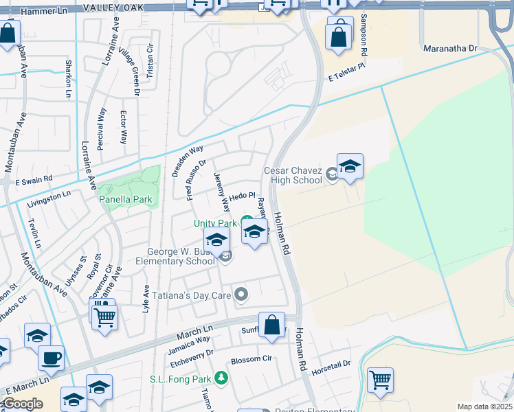 map of restaurants, bars, coffee shops, grocery stores, and more near 2830 Hedo Place in Stockton