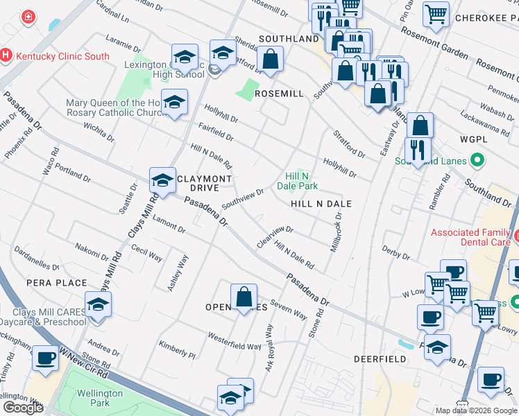 map of restaurants, bars, coffee shops, grocery stores, and more near 387 Hill Court in Lexington