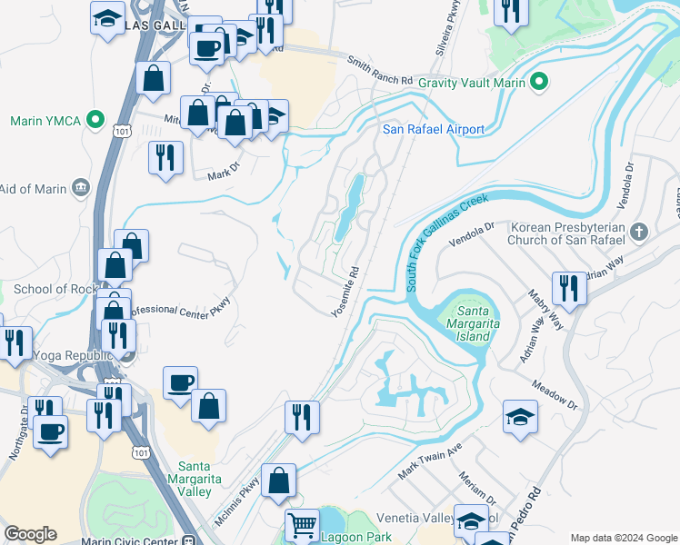 map of restaurants, bars, coffee shops, grocery stores, and more near 328 Acadia Lane in San Rafael