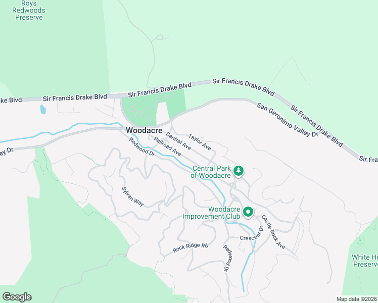 map of restaurants, bars, coffee shops, grocery stores, and more near 156 Central Avenue in Woodacre