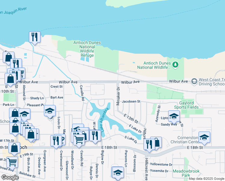 map of restaurants, bars, coffee shops, grocery stores, and more near 701 Wilbur Avenue in Antioch