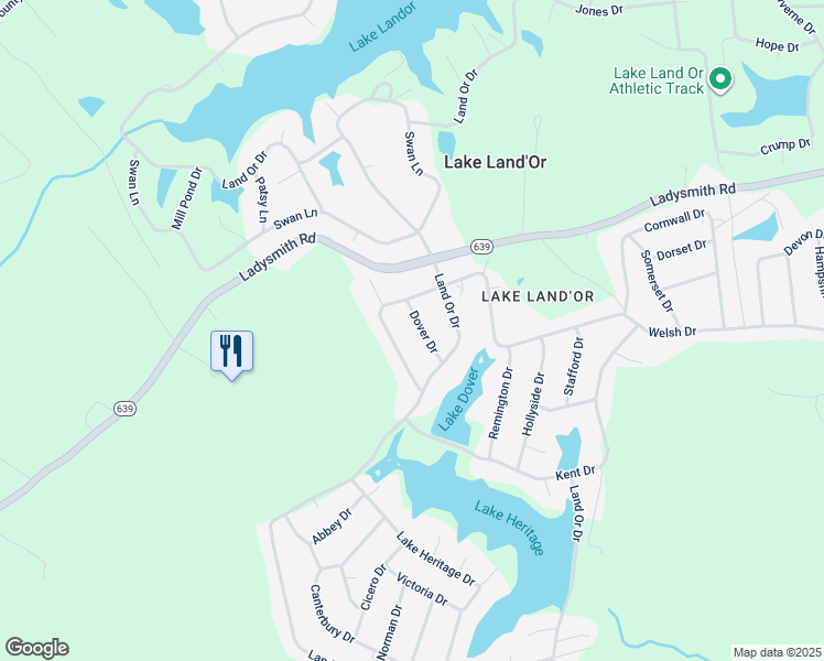 map of restaurants, bars, coffee shops, grocery stores, and more near 106 Dover Drive in Ruther Glen