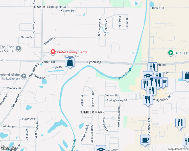 map of restaurants, bars, coffee shops, grocery stores, and more near 3820 Park Ridge Drive in Evansville