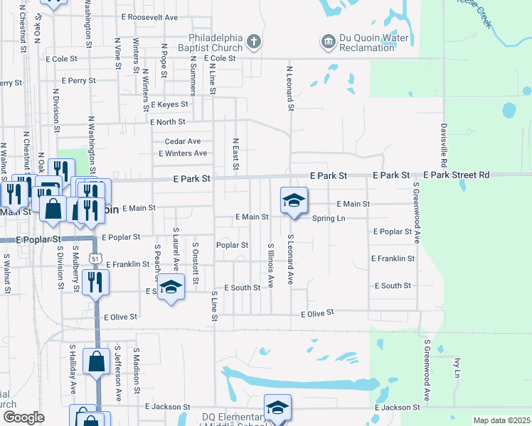 map of restaurants, bars, coffee shops, grocery stores, and more near 1 North Illinois Avenue in Du Quoin