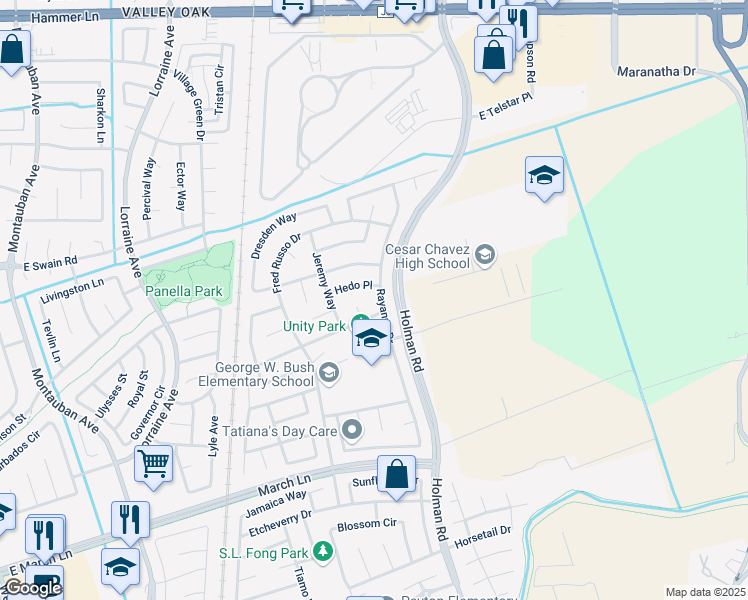 map of restaurants, bars, coffee shops, grocery stores, and more near 2830 Hedo Place in Stockton