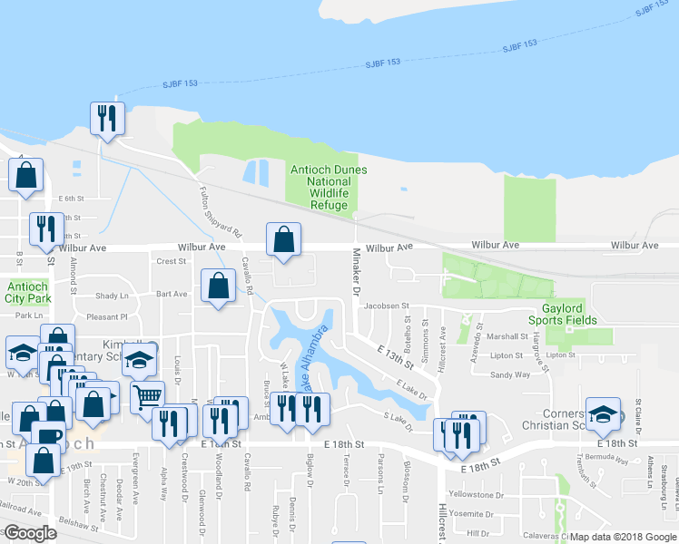 map of restaurants, bars, coffee shops, grocery stores, and more near 701 Wilbur Avenue in Antioch