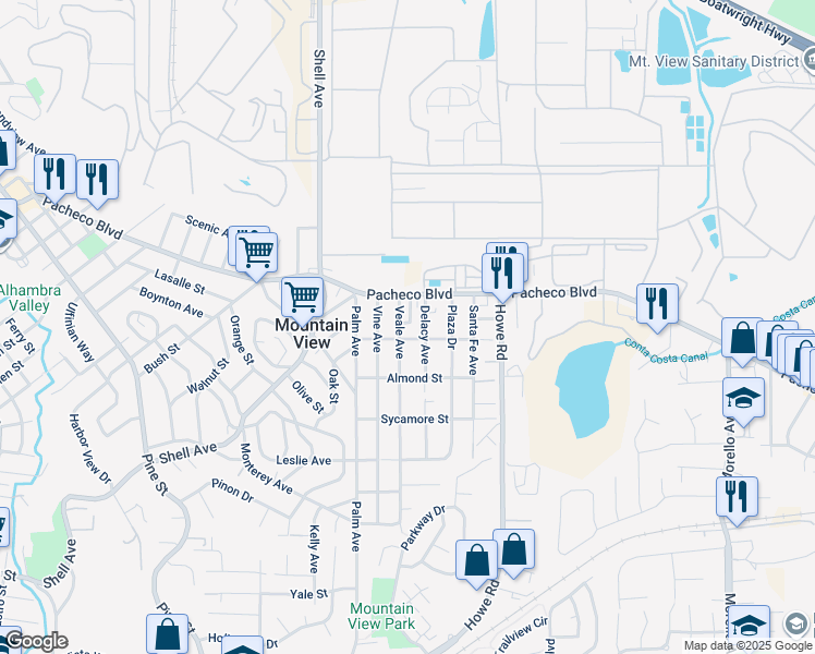 map of restaurants, bars, coffee shops, grocery stores, and more near 1331 Veale Avenue in Martinez