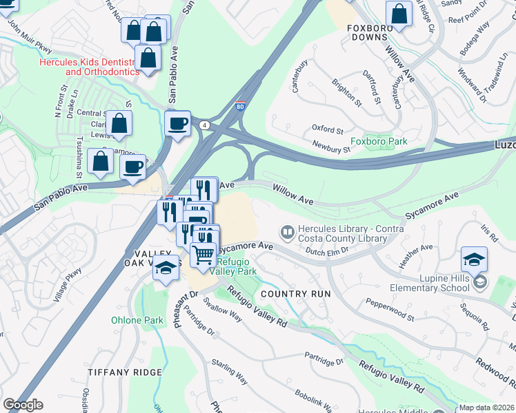 map of restaurants, bars, coffee shops, grocery stores, and more near 100 Civic Drive in Hercules
