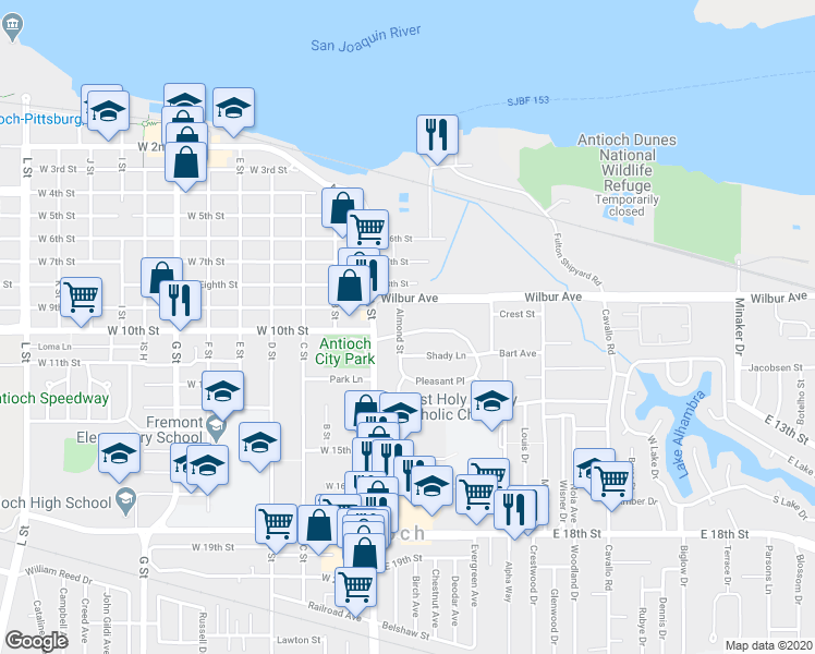 map of restaurants, bars, coffee shops, grocery stores, and more near 101 Beede Way in Antioch
