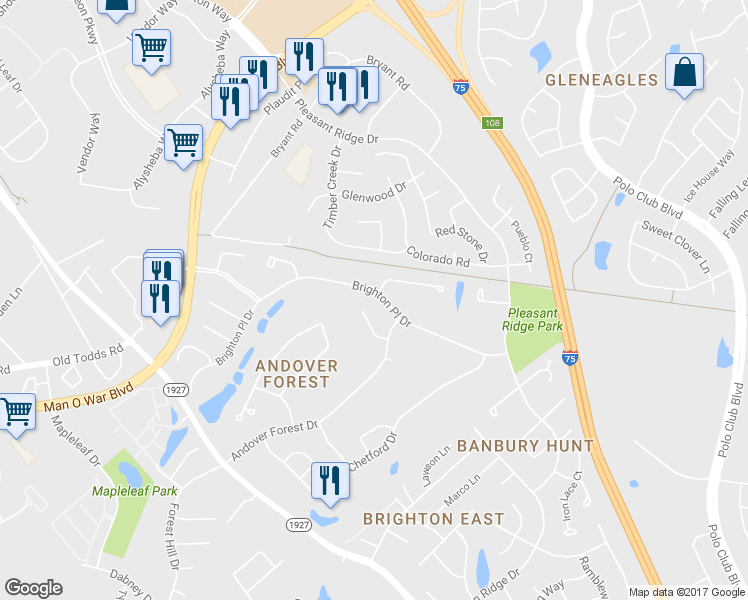 map of restaurants, bars, coffee shops, grocery stores, and more near 3277 Brighton Place Drive in Lexington